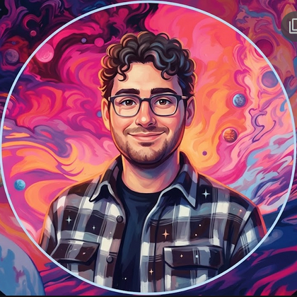 Illustrated portrait of Dovy wearing glasses and a plaid shirt